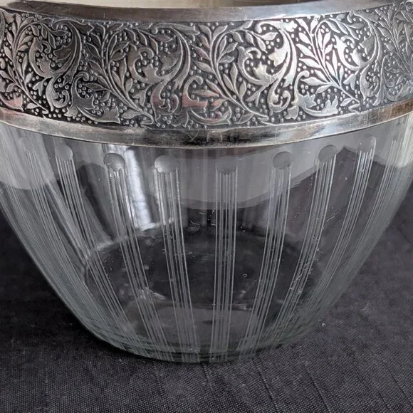 Vintage Fine American Cut/Etched/Frosted Glass Vase W/ Silver Overlay 6.2